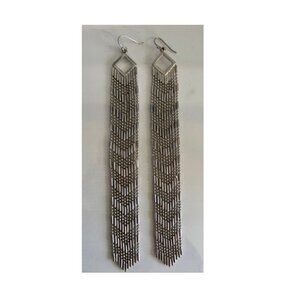 Beaded Chevron Silver Tone Fringe Statement Earrings
